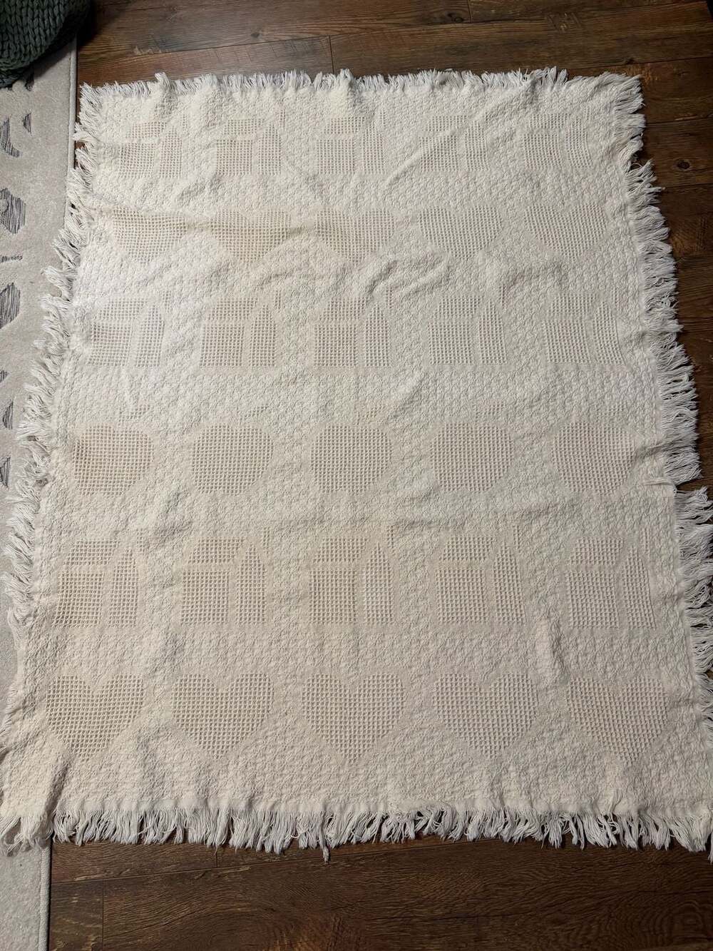 Goodwin Weavers Vintage Woven Cotton Throw Blanket w/Hearts Apples & Houses Patt